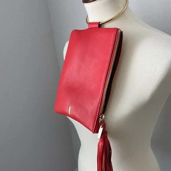 Thacker Nolita ring handle leather clutch orange cocktail tassel wristlet - Picture 3 of 8